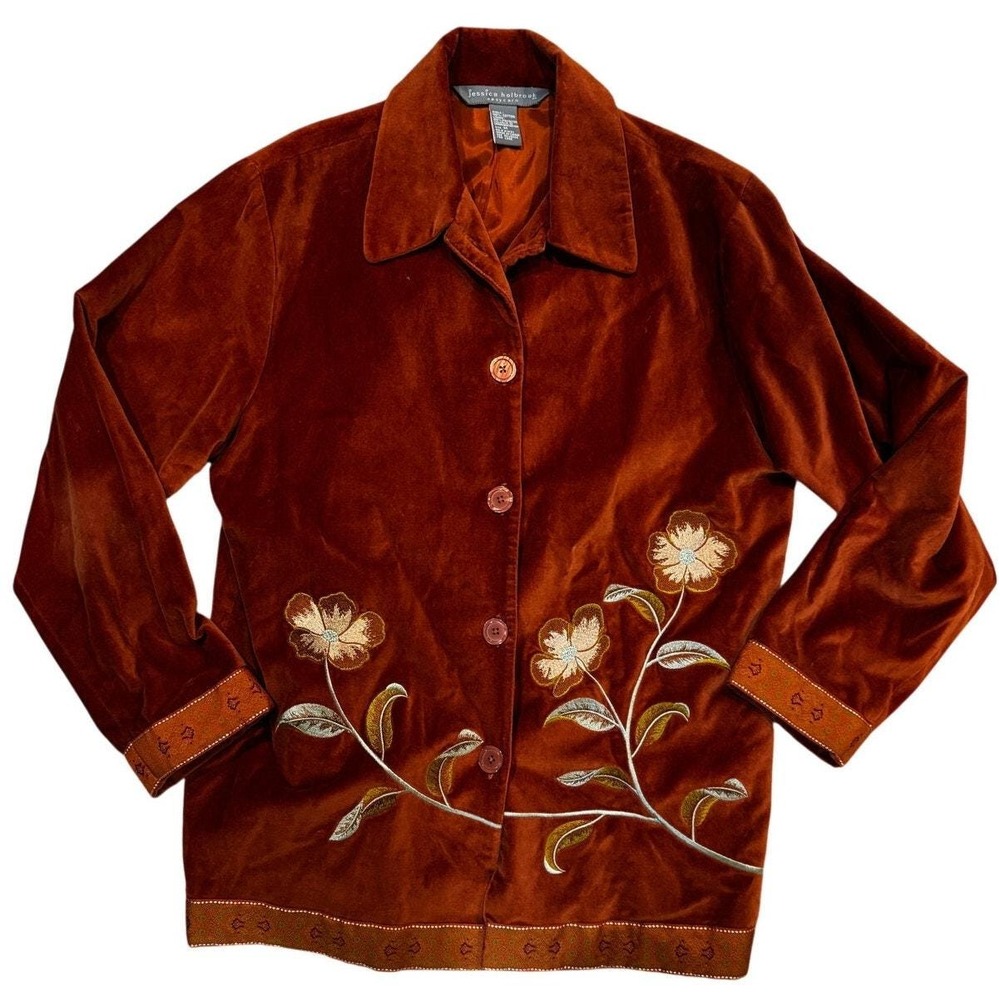 Jessica Holbrook Jacket Women Orange Velvet Floral Embroidered Button Up Size M - Picture 2 of 10